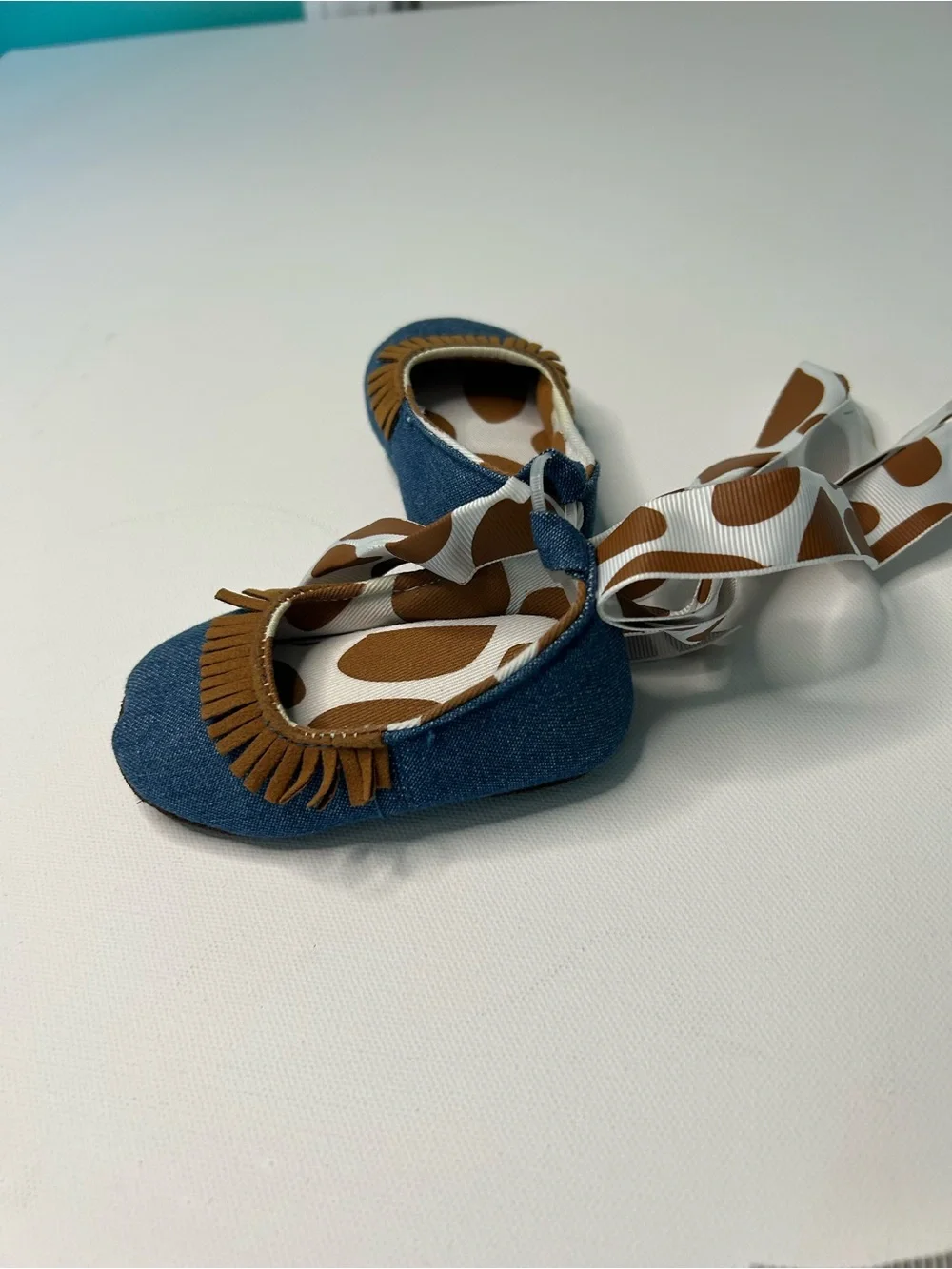 Mudpie Denim Fringe Moccasins in Blue and Brown 0-6 month 100% cotton